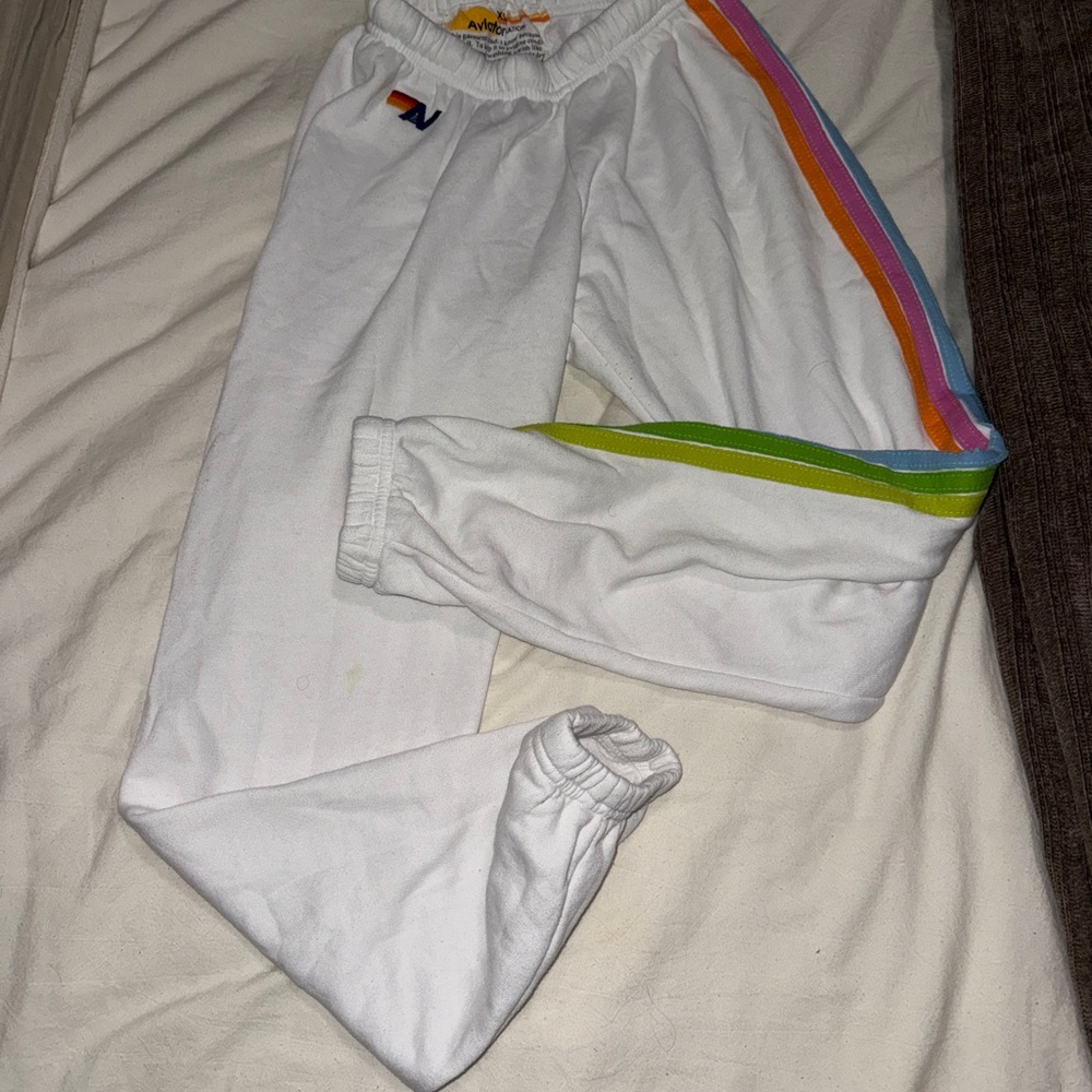 Aviator Nation White Joggers with Rainbow Stripes